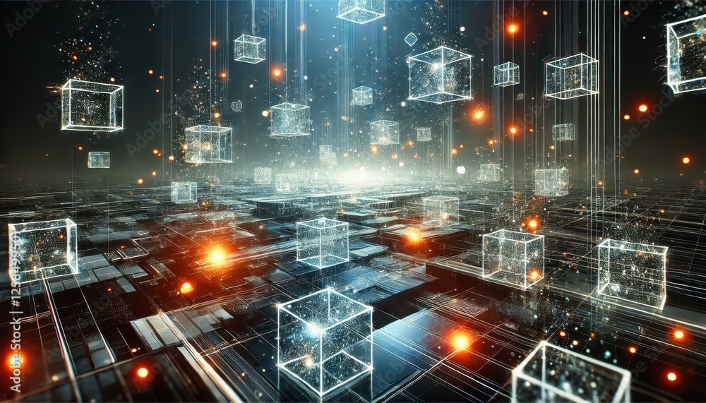 Fototapeta premium Futuristic glowing cubes floating in space symbolizing innovation and digital transformation in modern design.