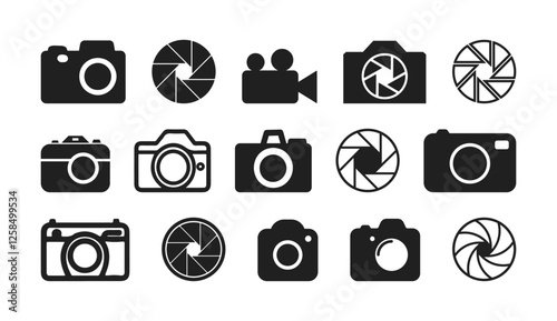 Photography icon set. Containing photo camera, photographer, video camera and photograph symbol vector illustration. Solid icon collection.