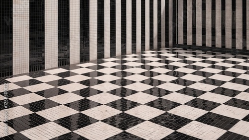 Stunning 3D render of black and white mosaic floor with classic checkerboard pattern and elegant ambiance