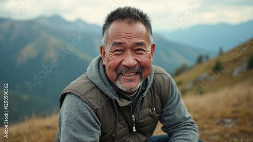 A Cheerful Man Sits in a Beautiful Mountain Setting, Displaying a Broad Smile While Gazing at the Camera