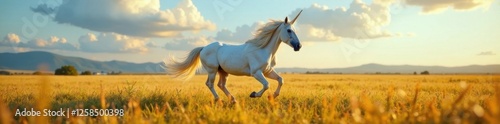 Unicorn mare running in a field, landscape, green, unicorn