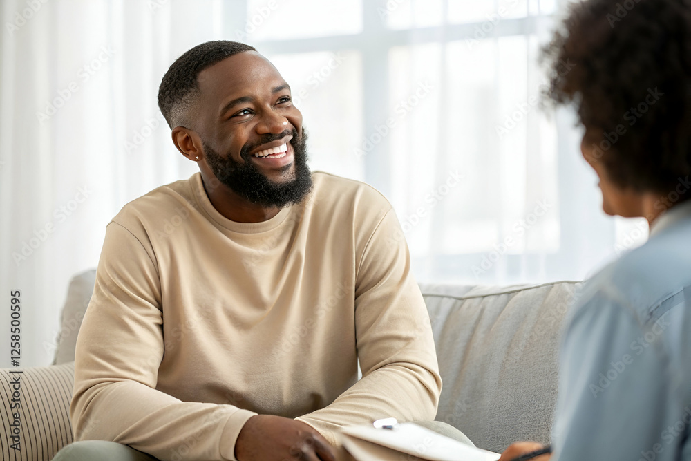 A Person And Another Person In A Therapy Session On A Couch in a Room Setting