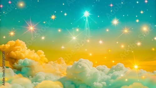 Ethereal Celestial Dreamscape Pastel Clouds and Starry Radiance in a Vibrant, Fantastical Sky Background.