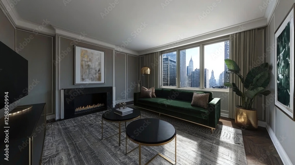 Fototapeta premium Luxury Apartment with City View, Sophisticated Living Room Design