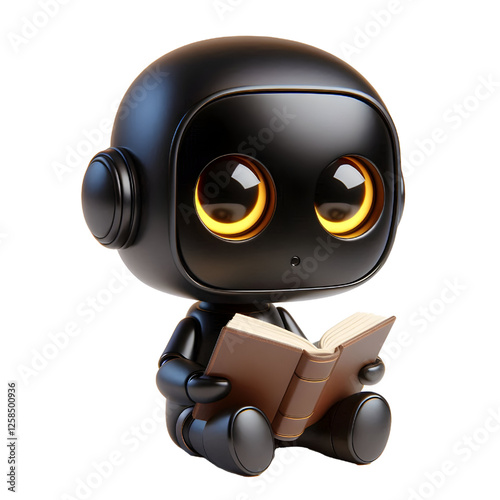 Cute 3D black robot with golden eyes reading a book in side view isolated on white background