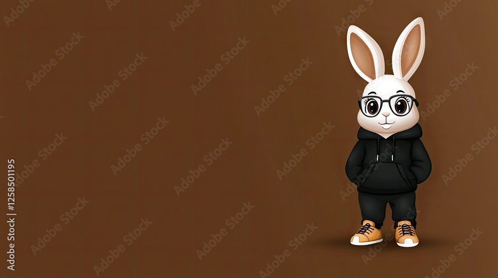 Obraz premium Fun cartoon character of a fashionable rabbit standing against a brown background, showcasing a trendy outfit and stylish glasses