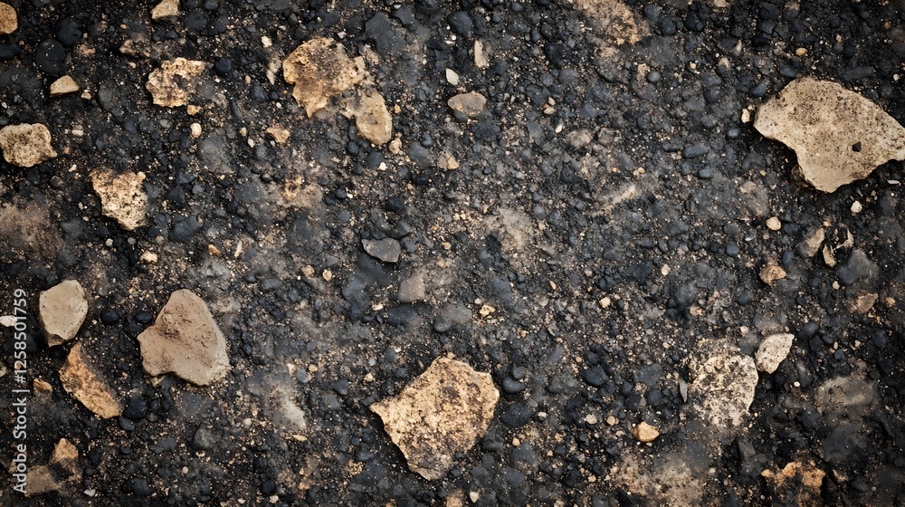 Detailed Close-Up of Asphalt Pavement with Aggregate Gravel and Stone Texture; Road Surface Material Background Detailed Close-Up of Asphalt Pavement with Aggregate Gravel and Stone Texture; Road Surface Material Background