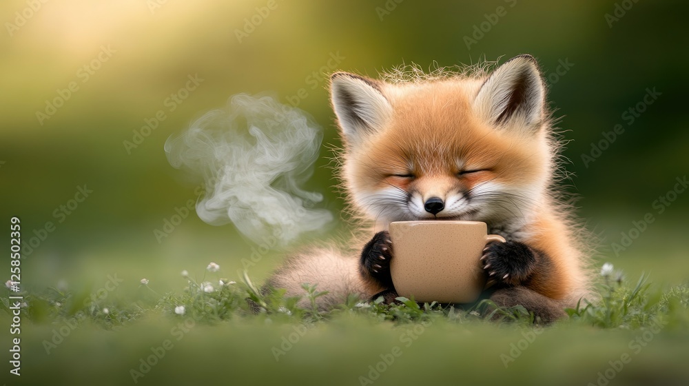 Obraz premium Cute fox enjoys warm cup in serene natural setting during sunny afternoon, exuding tranquility and joy