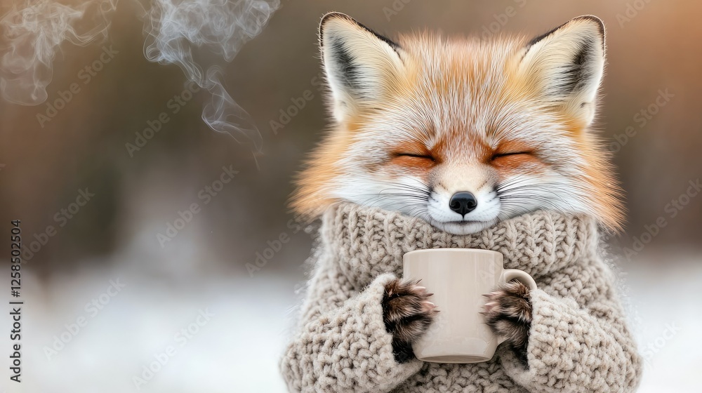 Fototapeta premium A cozy little fox is nestled in a snowy landscape, sipping on a warm drink while sporting a cute knitted sweater