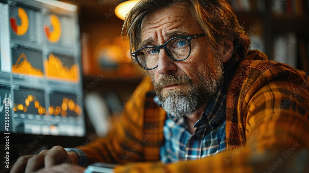 Senior Man Analyzing Financial Data On Computer Screen Senior Man Analyzing Financial Data On Computer Screen