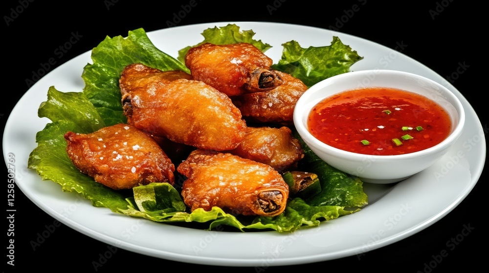 Crispy chicken wings served on a bed of fresh lettuce with a side of sweet chili sauce perfect for an appetizer or snack Crispy chicken wings served on a bed of fresh lettuce with a side of sweet chili sauce perfect for an appetizer or snack