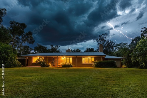 A photograph of an Australian suburban home during a lightning storm, with dramatic lighting and clouds