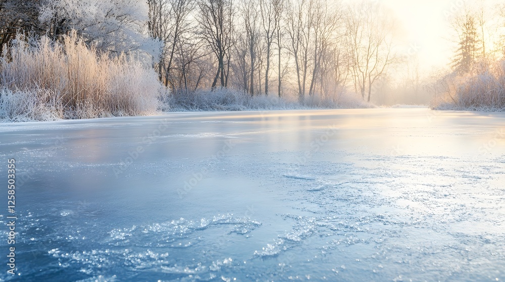 Winter landscape with a frozen lake, frosty trees, and reeds in soft sunlight. Tranquil winter scenery. Winter landscape with a frozen lake, frosty trees, and reeds in soft sunlight. Tranquil winter scenery.