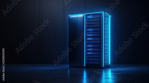 Internet, server, computer room, technology, data,Abstract futuristic blue glowing data center, dark background. Large server room with modern minimalist design.