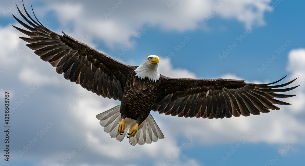 Naklejka premium Bald Eagle Soaring Through Blue Sky with White Clouds