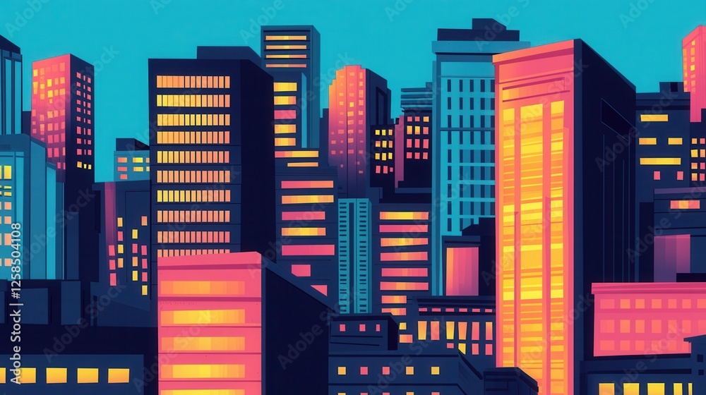 Fototapeta premium Vibrant Cityscape at Dusk with Illuminated Skyscrapers and Skyline