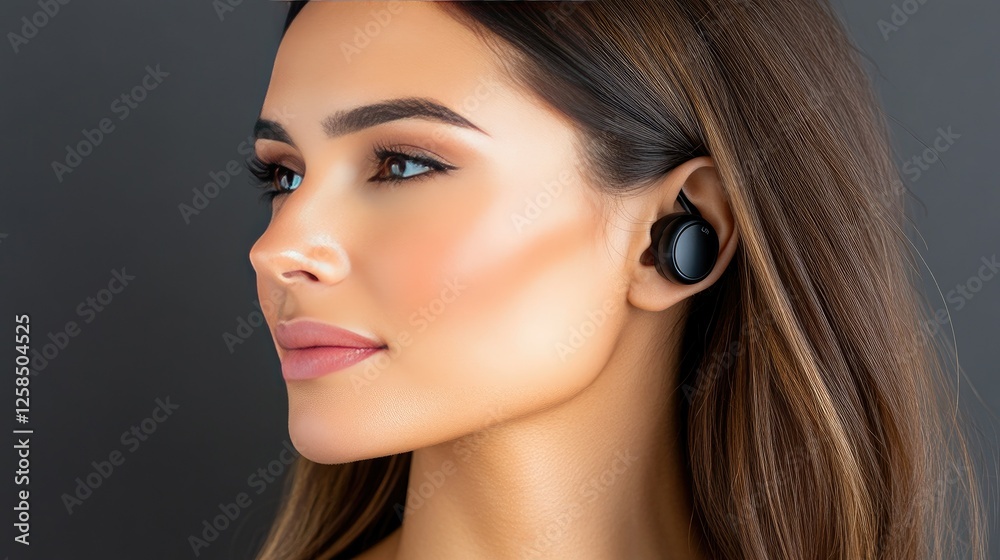 Fototapeta premium Young woman with stylish headphones showcases modern technology in a minimalistic setting, highlighting the blend of fashion and innovation