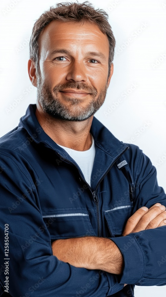 Obraz premium Confident man in a blue work suit posing with arms crossed, showcasing a friendly smile against a neutral background
