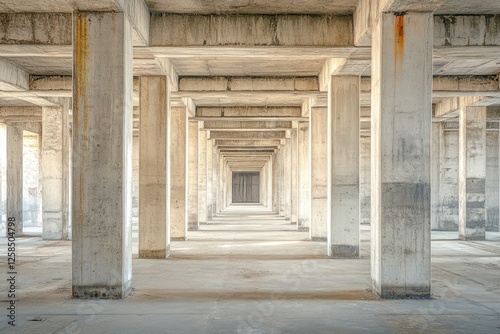 A photograph of an empty concrete corridor with symmetrical beams and soft lighting,