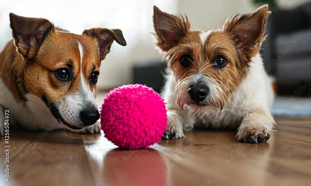 Two adorable dogs curiously eye a bright pink toy, captured in a playful moment that reflects the joy and companionship that pets bring to our lives.