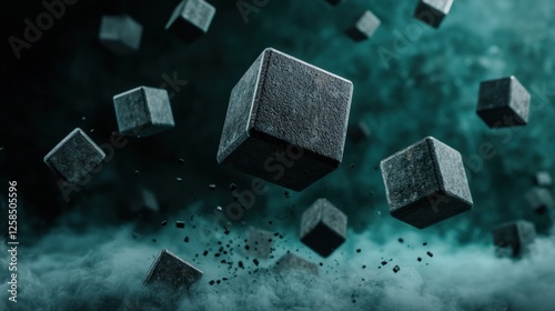 Isolation Latency concept. Floating textured cubes in a misty, dark environment.