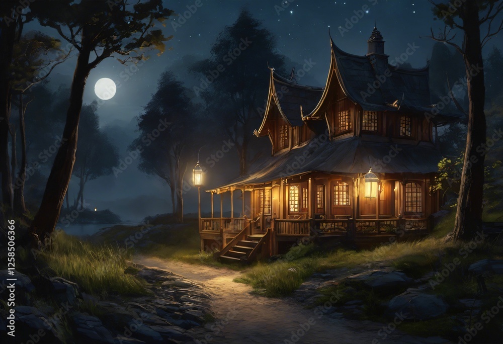 Fototapeta premium Charming cabin under a full moon