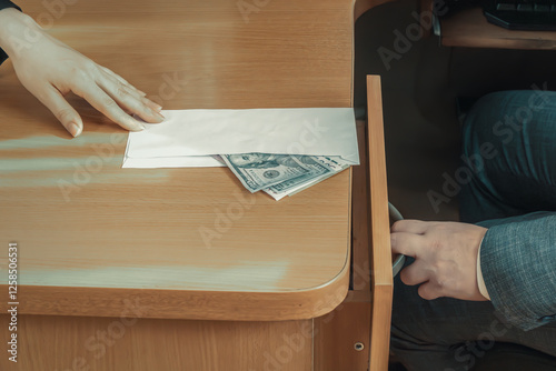 Hand moves an envelope with dollars across an office table towards a man in a suit and tie sitting opposite. Give a bribe. Corruption