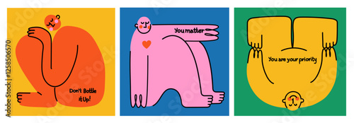 Mental health, psychology concept. Self love, mind care, help, acceptance. Cute disproportionate isolated characters inscribed in color square box and funny quotes, vector illustration