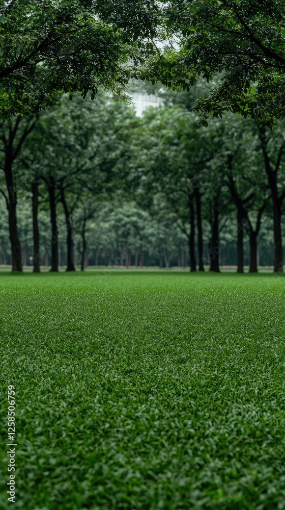 Obraz premium A vibrant, lush green park is nestled among towering trees, creating a tranquil oasis in the heart of the bustling city on a bright summer afternoon