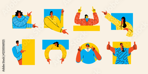 Young happy excited men and women pointing with fingers showing with hands, positive emotions. Flat graphic vector illustrations isolated on color background