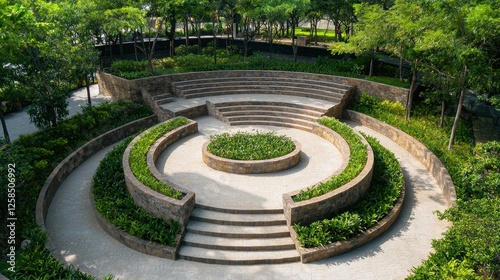 Serene Outdoor Amphitheater Surrounded by Lush Greenery and Trees