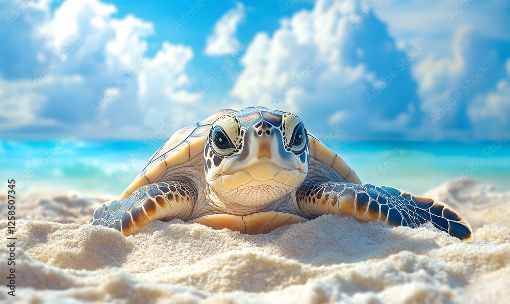 Obraz premium Close-up of a sea turtle resting on the sand with a blue sea background and clouds