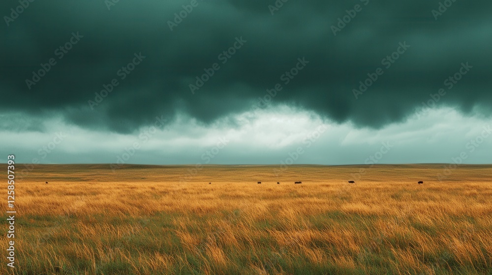Fototapeta premium Vast Golden Grassland Under Dark Stormy Sky with Dramatic Clouds