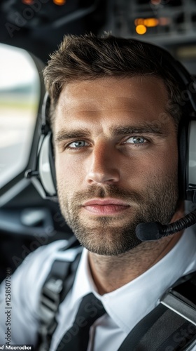Caucasian male pilot in cockpit with headset focused on flight