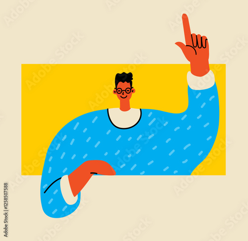 Young happy excited man pointing with fingers showing with hands, positive emotions. Flat graphic vector illustrations