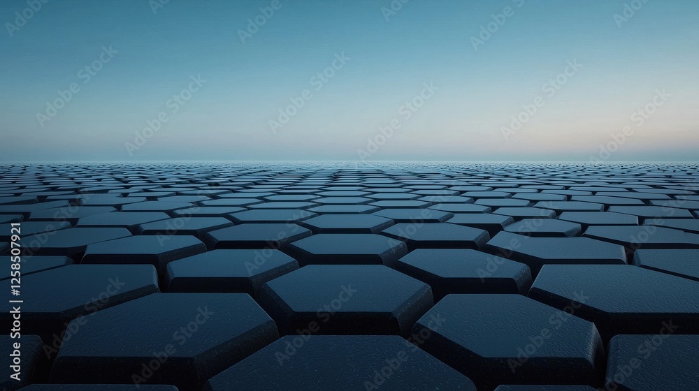 Naklejka premium Abstract geometric landscape with hexagonal pattern at sunrise