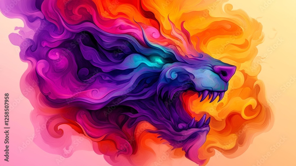 Fototapeta premium Fierce digital art of a mythical beast, rendered in vibrant hues of purple, orange, and pink. Intricate details create a powerful image.