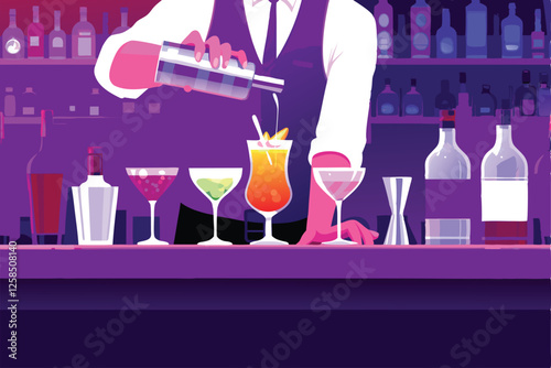 A skilled bartender expertly mixes cocktails behind a busy bar counter, surrounded by patrons enjoying drinks and conversation in a vibrant atmosphere.