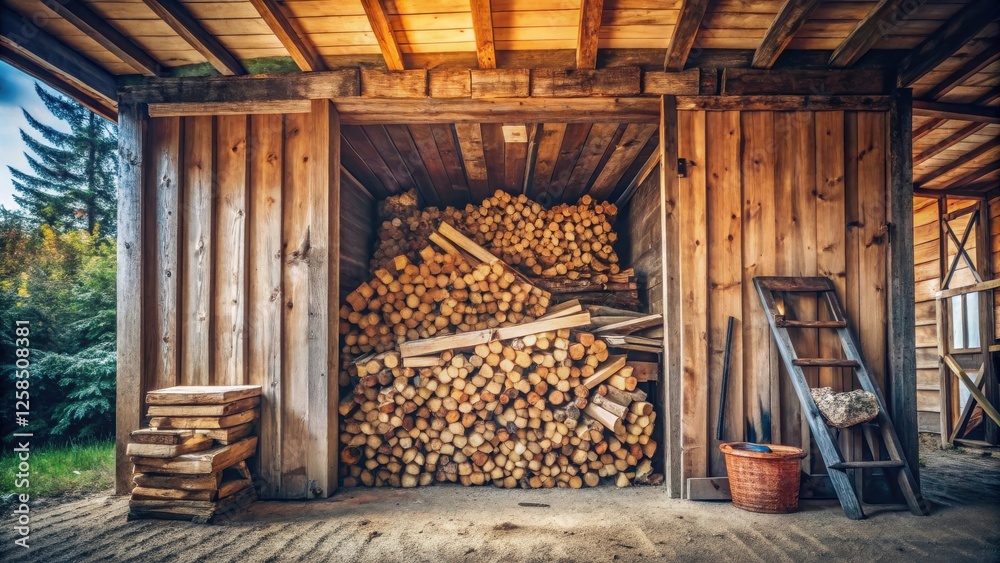 Rustic wooden shed filled with neatly stacked firewood, a rustic ladder leans against the wall, and a woven basket sits on the ground. Rustic wooden shed filled with neatly stacked firewood, a rustic ladder leans against the wall, and a woven basket sits on the ground.
