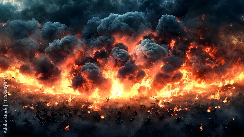 Fototapeta premium Fiery Battlefield Inferno: A Dark and Dramatic Depiction of Intense Destruction