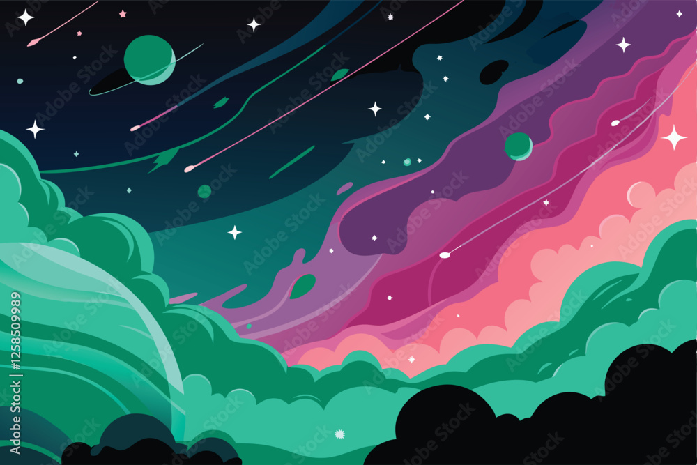 Generate a vibrant, abstract vector illustration of a nebula cloud formation in space, emphasizing swirling colors and cosmic textures.