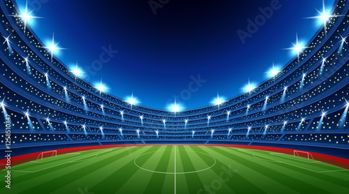 Illustration of a soccer stadium with bright lights and a blue background football theme. Vector illustration