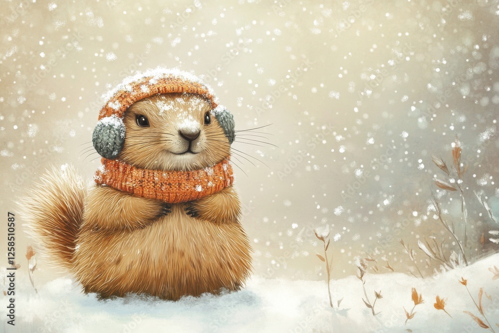 Fototapeta premium Chipmunk in winter coat, standing in snowy forest