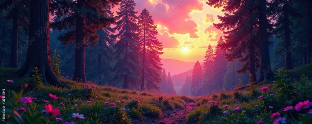 Fototapeta premium Vibrant Forest Landscape at Dusk, wildlife, nature, blue