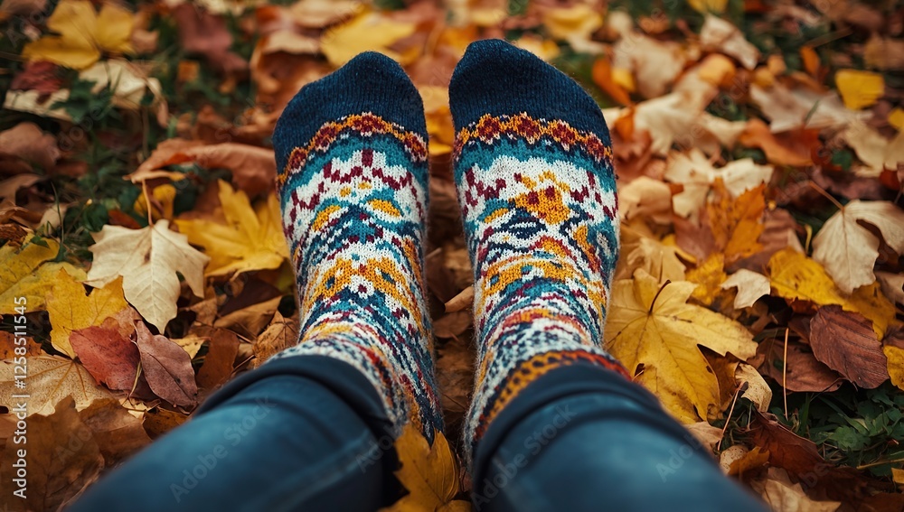 A person wearing cozy socks with intricate patterns, sitting on the ground surrounded by autumn leaves A person wearing cozy socks with intricate patterns, sitting on the ground surrounded by autumn leaves