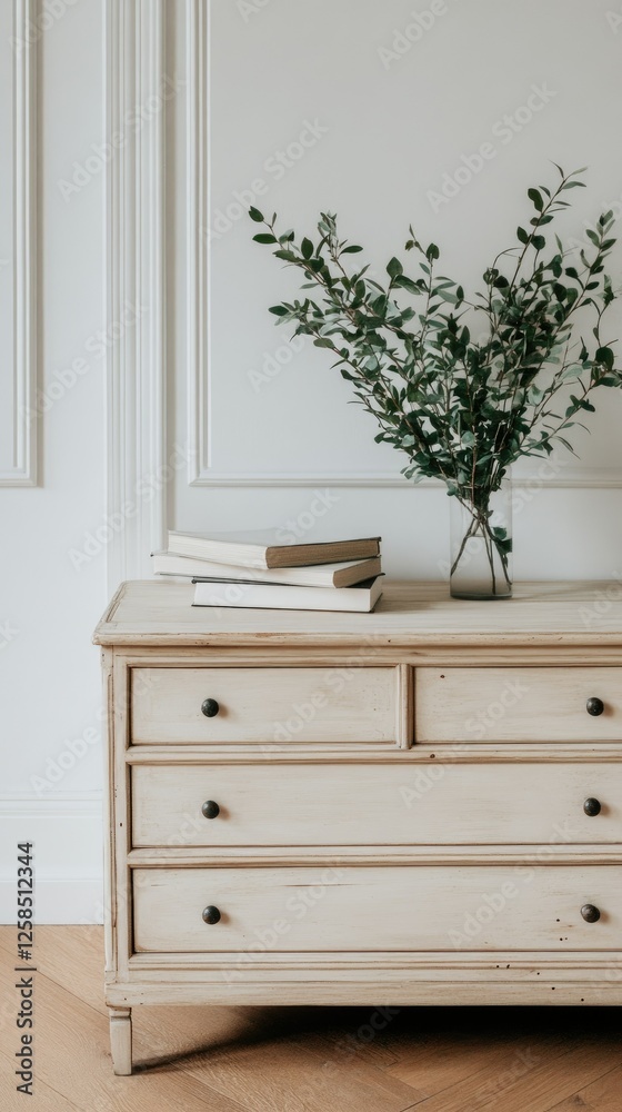 Fototapeta premium A stylish wooden dresser adorned with books and vibrant greenery stands out in a minimalist interior, illuminated by the warm sunlight streaming in on a beautiful day