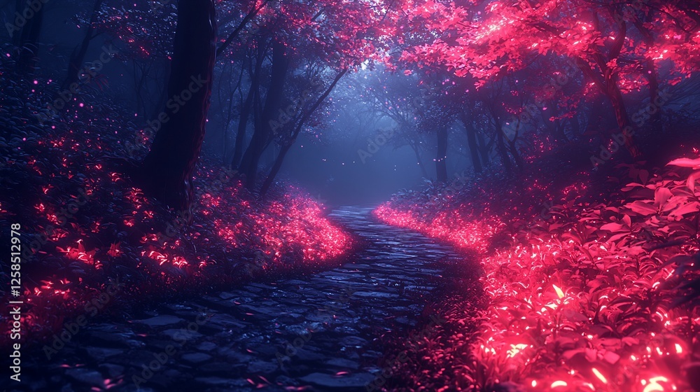 Fototapeta premium Enchanted forest pathway illuminated by vibrant pink foliage under a mystical fog