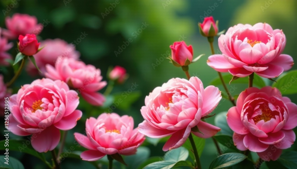 Vibrant mix of pink roses and peonies in a lush garden setting, bouquet, feminine Vibrant mix of pink roses and peonies in a lush garden setting, bouquet, feminine