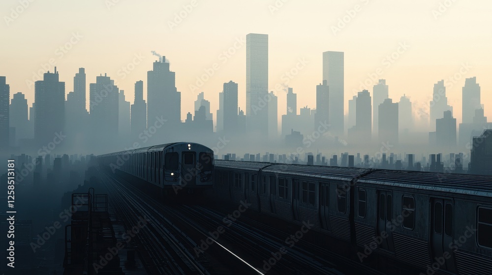 Obraz premium Urban Train Moving Through Misty Cityscape at Dawn