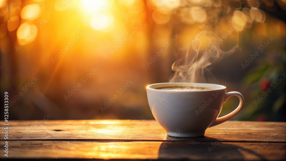 Warm Morning Beverage on Rustic Wood Table with Golden Sunlight